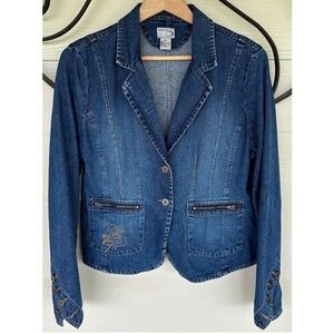Vintage Y2K ‘Rave’ 2 Button Blue Denim Western Blazer • Rose Embroidery - S/M